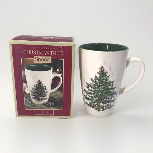 Vintage Spode Tall CHRISTMAS TREE Coffee Latte Mug RARE "Green Interior" 22oz - Picture 1 of 8